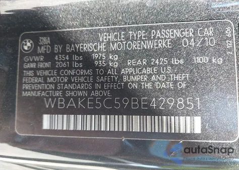 2011 BMW 328I from USA, damaged, VIN WBAKE5C59BE429851